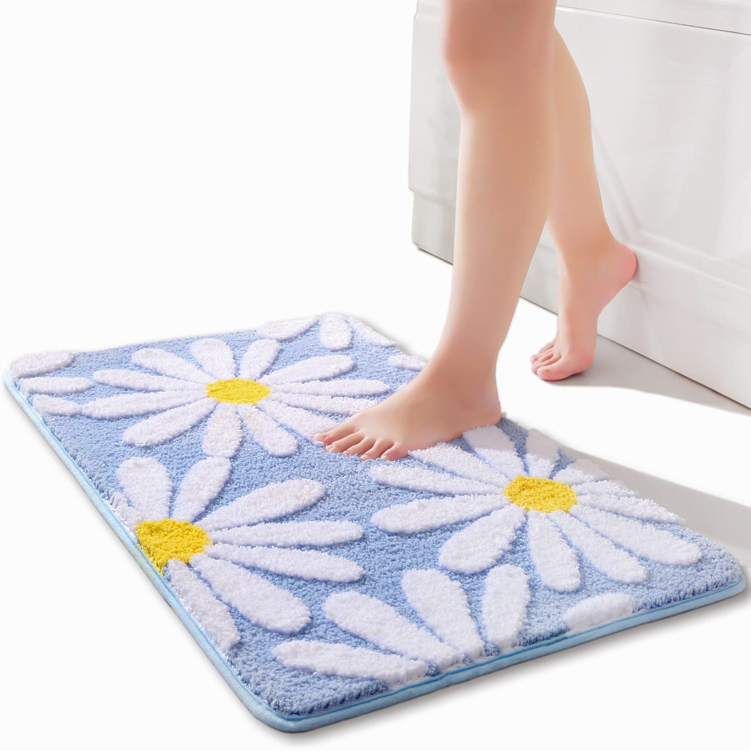 QJHOMO Blue Bath Mat White Flower Rug 50 x 80 cm, Non Slip Bath Mats for Bathroom, Soft Microfiber Bathroom Mat, Machine Washable Rug Durable Bathmat, Super Absorbent Floor Mat for Shower
