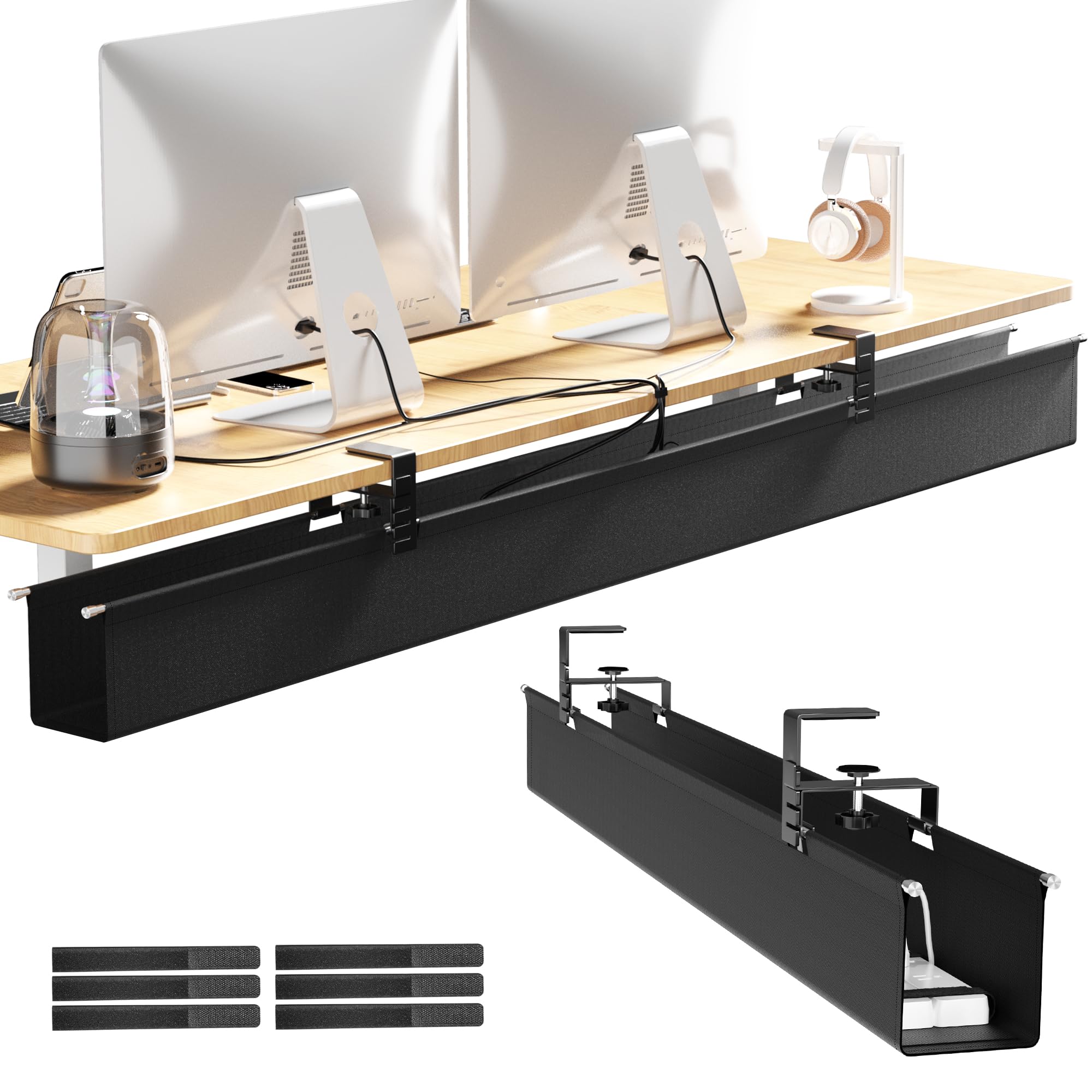 Photo 1 of [Upgraded] Large Under Desk Cable Management Tray, Cinati Cable Management Under Desk No Drill, 49.2" Fabric Cord Hider for Wire Organizer, Cord Organizer for Office, Home - Supports Up to 30lbs Black