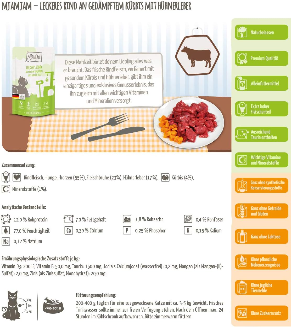 MjAMjAM, premium wet food for cats, Quetschie, delicious beef with steamed pumpkin, pack of 12 (12 x 125 g) - Image 4