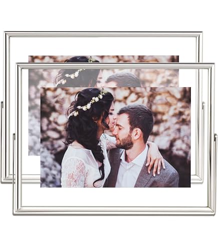 5x7" Silver Double Floating Photo Frame – Metallic Lace Edge Frame For 4x6" Photos, Adjustable Desktop Display