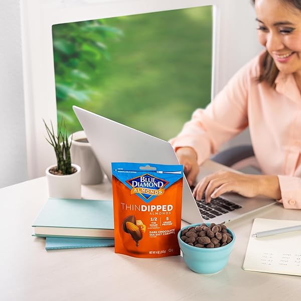 BLUE DIAMOND ALMONDS, DARK CHOCOLATE SEA SALT CARAMEL COVERED THIN DIPPED SNACK NUTS FOR GUILT-FREE SNACKING WITH HALF THE SUGAR, PERFECT FOR GATHERING, HOLIDAYS, OR CRAVING A SWEET TREAT, 4OZ. RESEALABLE BAG