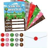 ZOIIWA 30 Sets Pixel Birthday Party Invitations with Envelopes Sticker Video Game Party Invitations Invites Card for Kids Boys Pixel Theme Favors
