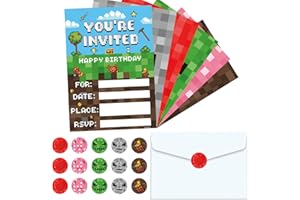 ZOIIWA 30 Sets Pixel Birthday Party Invitations with Envelopes Sticker Video Game Party Invitations Invites Card for Kids Boys Pixel Theme Favors