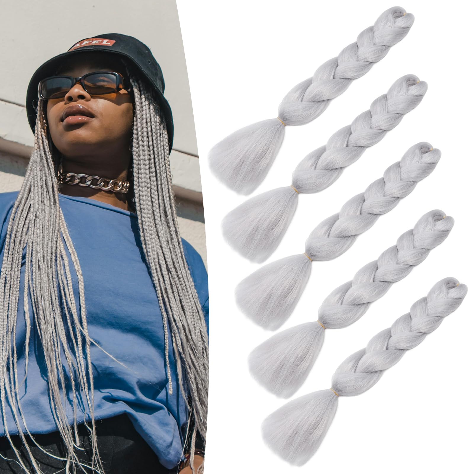 Dcbaboo Grey Hair Extensions for Braiding Jumbo Braiding Hair Extension 5packs 24inch Synthetic Hair Kanekalon Ombre Braids Extensions Hair Afro Crochet Twist Box Braids 500g, Light Grey