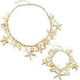 AGNURCADE 2pcs Shell Starfish Necklace Bracelet for Women Faux Pearls Conch Statement Adjustable Chunky Necklace Mermaid Tail Bracelet Jewelry Set Costume Accessories Beach-themed Party Cosplay