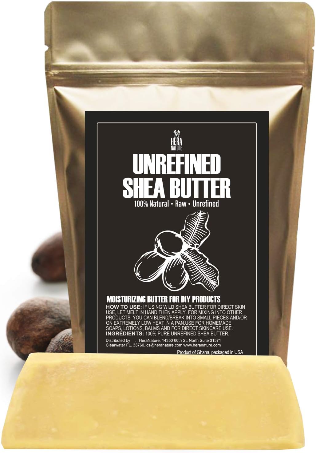 Unrefined SHEA BUTTER Bar, Amazing Moisturizer, Use Alone or in DIY Body Butters, Soaps, Lotions, lip balm and Deep Hair Conditioner - Raw, 100% Pure and Fresh (USA) - 8oz