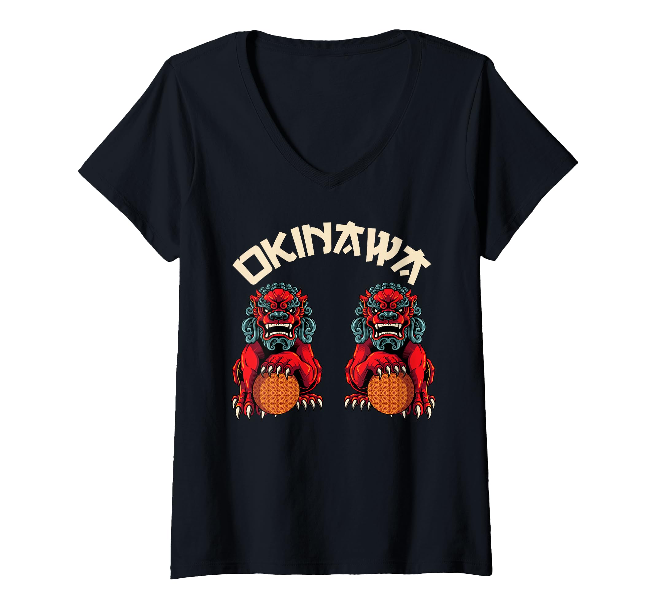 Womens Okinawa Shisa Dogs V-Neck T-Shirt