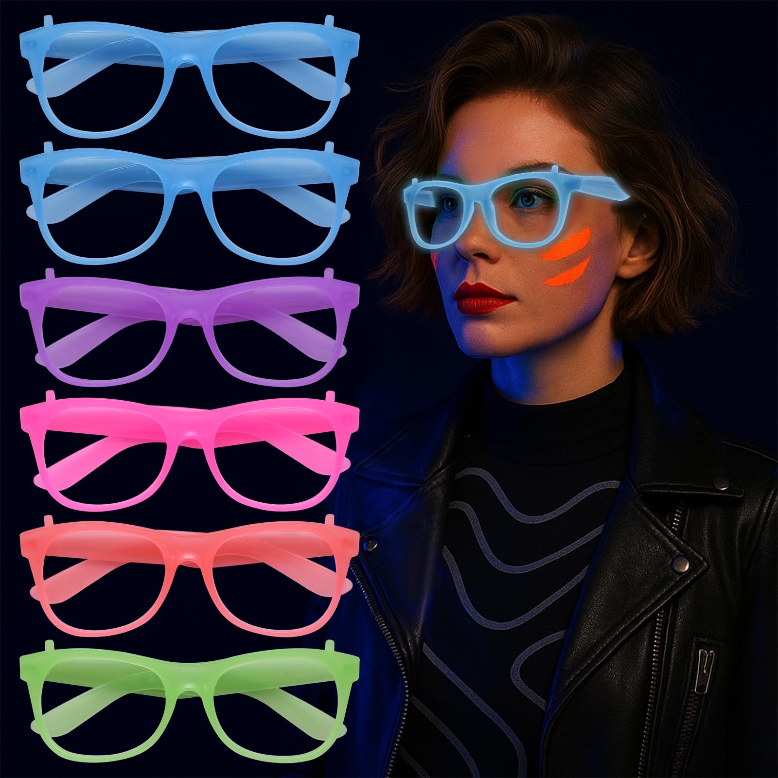 Photo 1 of ****2 pack PINK AND GREEN ONLY***
JGCWorker 6 Pack Glow in The Dark Neon Glasses – UV Blacklight Reactive Square Frame Eyewear in 5 Colors for Rave, 80s Party, Birthday, Festival, and Fluorescent Theme Decorations