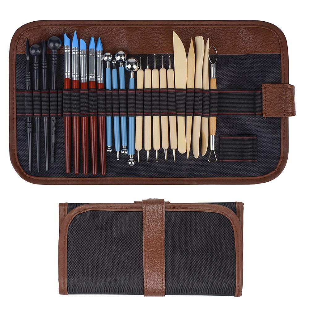 Clay Sculpting Art Tools Kit 24 PCS Pottery Clay Sculpting Tools with a Storage Bag Ball Stylus Dotting Tools Ceramic Clay Tools Set for Engraving Embossing Shaping Ceramics Doll Carving