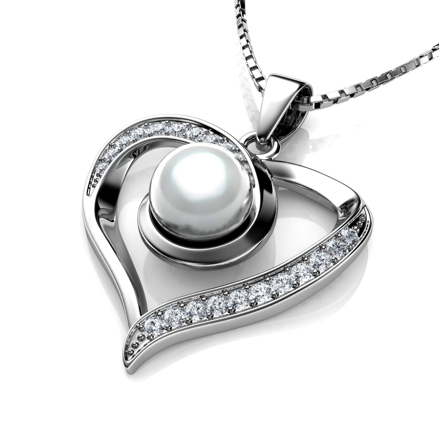 DEPHINI - Real Pearl Necklace - 925 sterling silver Heart Pendant - Cubic Zirconia - Rhodium Plated Jewellery for Women (Pearl Heart) — image 1