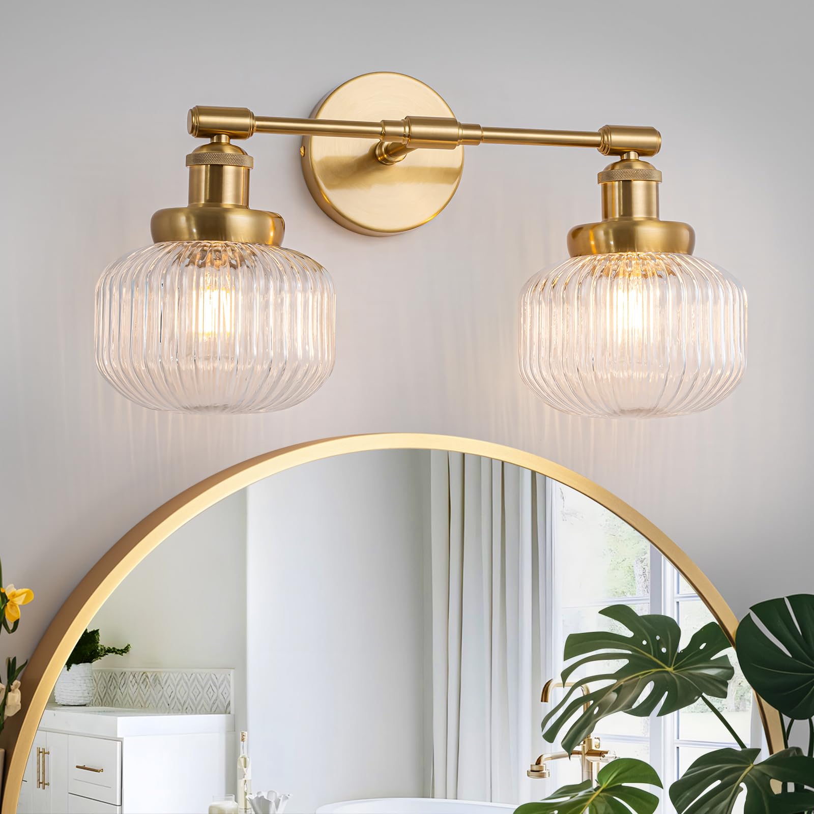 Photo 1 of 2-Lights Bathroom Light Fixtures, Gold Vanity Light, Industrial Bathroom Light Fixture Over Mirror with Clear Striped Globe Shade, Bathroom Light for Bedroom, Living Room, Farmhouse, Stairs (Brass)