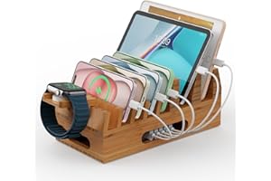 Pezin & Hulin Bamboo Charging Station Holder, Wood Docking Stand Organizer for Multiple Devices, Phones, Tablets, Laptop, wit