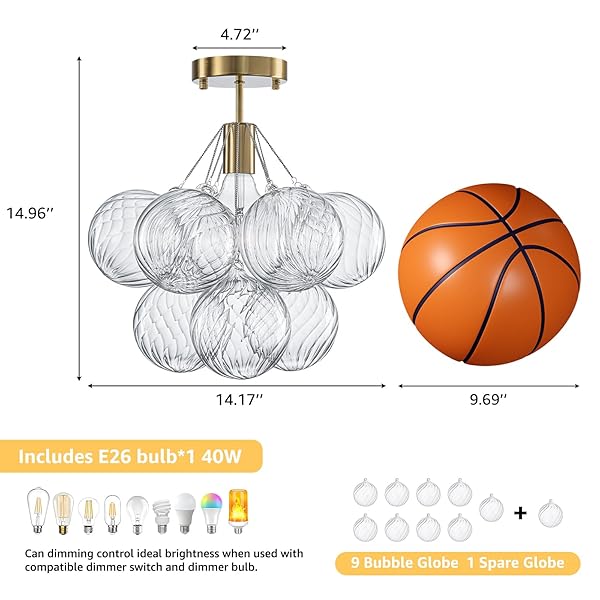 SEMI FLUSH MOUNT CHANDELIER GOLD-SPECIAL BUBBLE FLUSH MOUNT CEILING LIGHT 14.17″ MODERN MID CENTURY CEILING LIGHT FIXTURES WITH 9 CLEAR SWIRLED GLASS BALL FOR BEDROOM FOYER KITCHEN, INCLUDE E26 BLUB