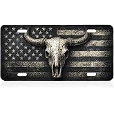 Longhorn Skull American Flag Decorative License Plate, 6 x 12 Aluminum | A rugged western patriotic wall accent for garages, cabins, offices, RVs, workshops, and ranch-style displays.