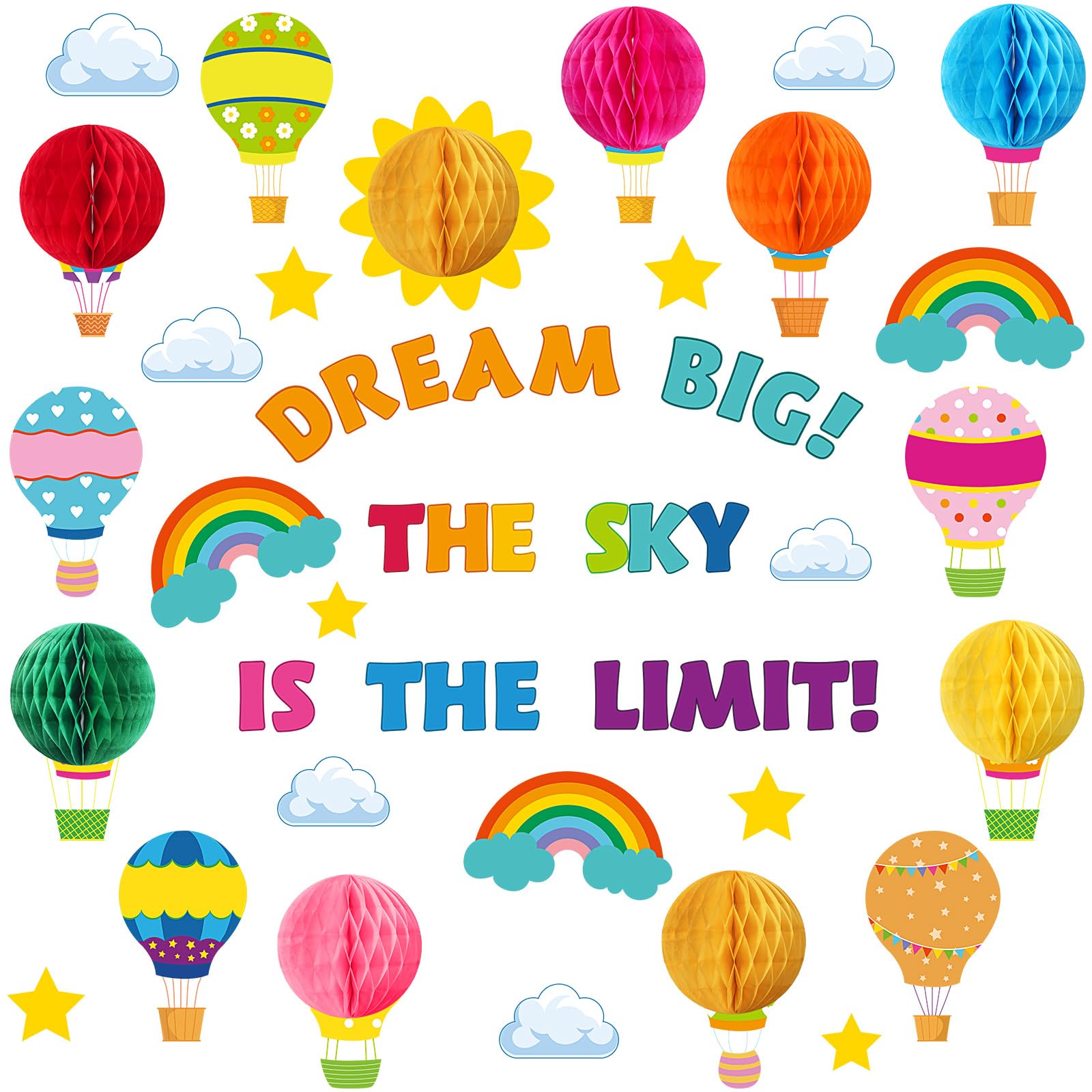 Photo 1 of Funrous 82 Pcs Colorful 3D Hot Air Balloon Honeycomb Bulletin Board Set Hot Air Balloon Cloud Rainbow Sun Cutouts Honeycomb Bulletin Board for Preschool Kindergarten Back to School Classroom Supplies