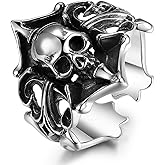 Skull Ring For Men Women, Vintage Gothic Death Skull Skeleton Head Ring, Adjustable Black Oxidized Halloween Statement Biker Ring, Open Cocktail Party Hip Hop Ghost Pirates Ring Jewelry Gifts for Men