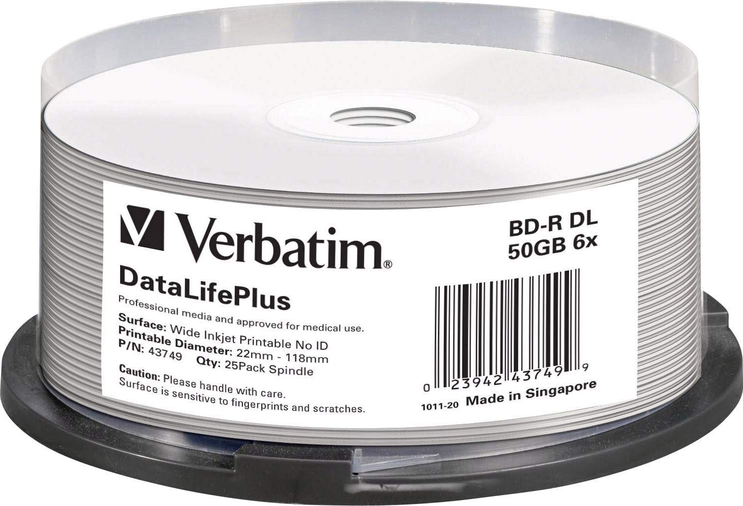 Verbatim 43749 50GB 6x BD-R DL Wide Printable - 25 Pack Spindle