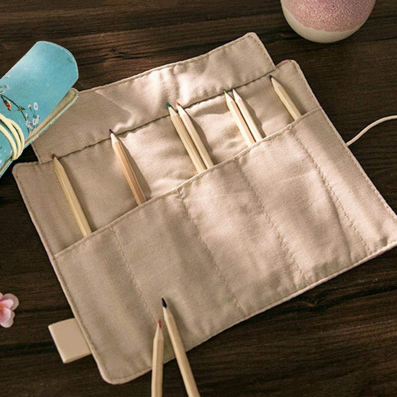 Canvas Pencil Roll Wrap, Handmade Portable Roll-Up Canvas Pencil Wrap for Artists, Sketchers and Children (Blue)