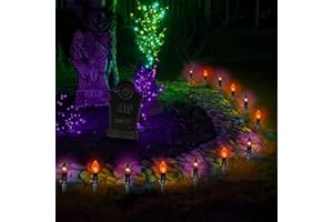 KONICTOM Halloween Pathway Lights Outdoor,10 Pack Halloween Party Decor Stake Lights with C9 Clear Black&Orange Bulbs,19.5Ft Extendable Waterproof Walkway Lights for Yard Porch Lawn Garden