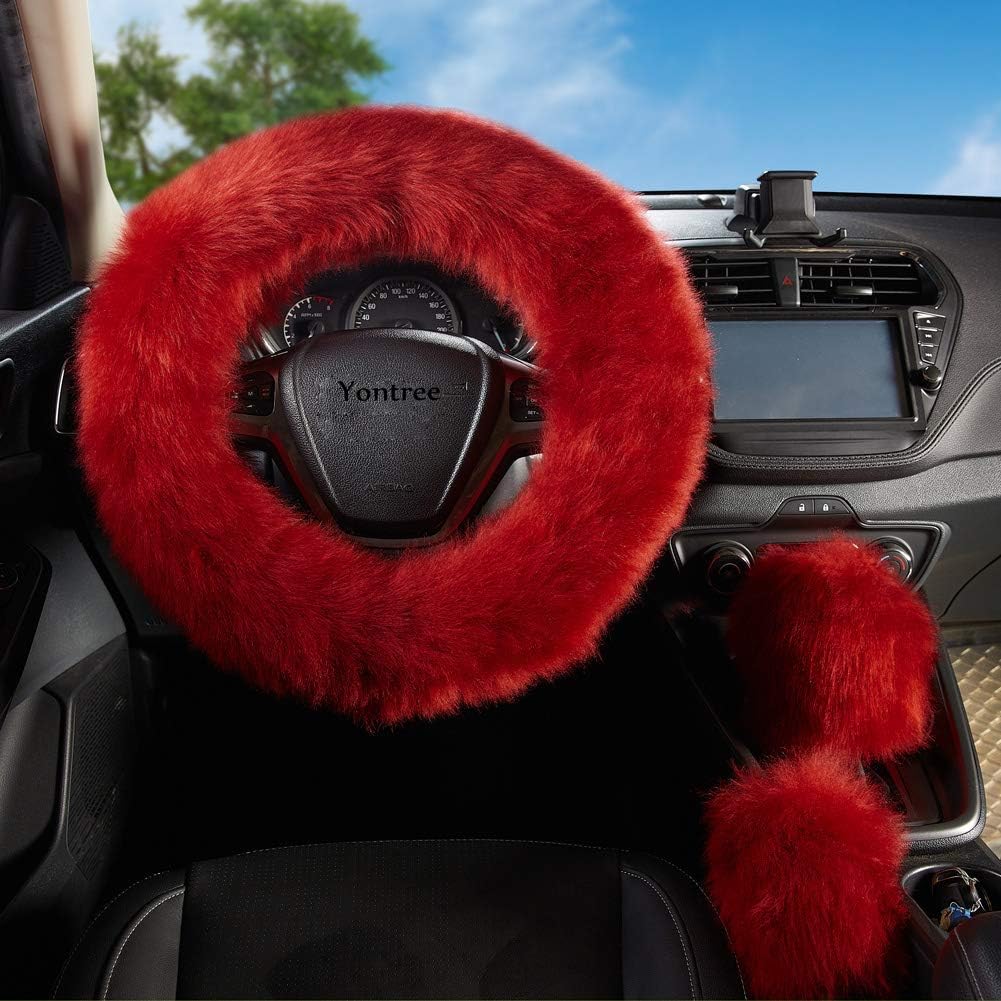 Yontree Fashion Fluffy Steering Wheel Covers for Women/Girls/Ladies Australia Pure Wool 15 Inch1 Set 3 Pcs (Pink): Automotive
