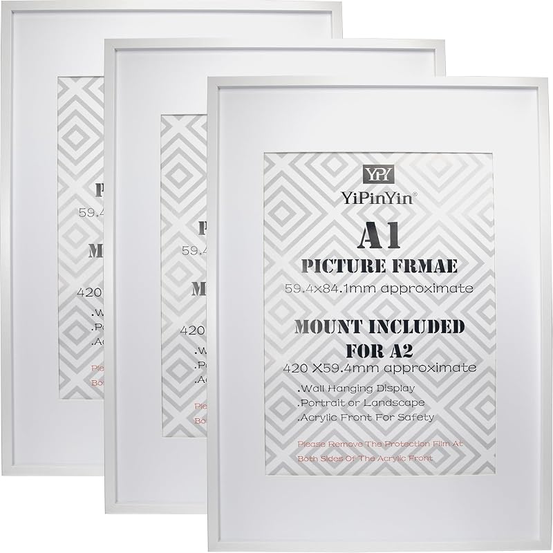 YiPinYin White A1 Boxed Gallery Frames Set of 3 for A2 Photos - MDF