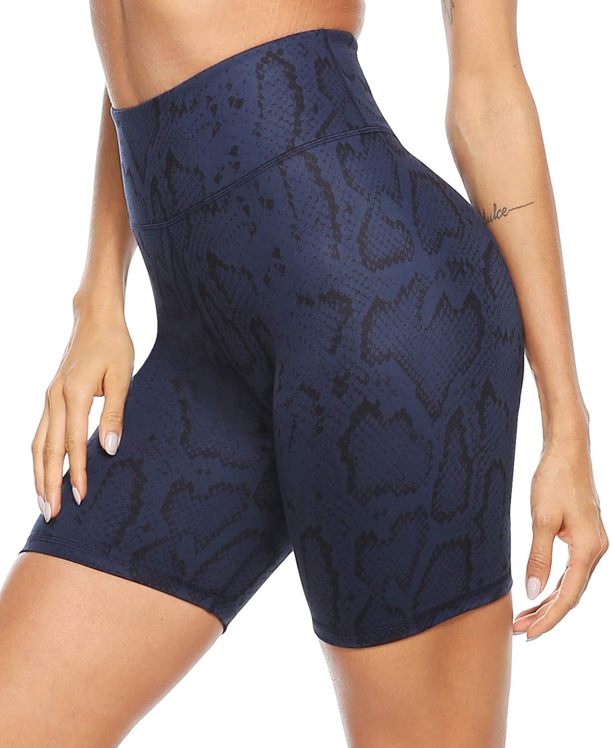 Persit Women's High Waist Print Workout Yoga Shorts with 2 Hidden Pockets, Non See-Through Tummy Control Athletic Shorts: Clothing