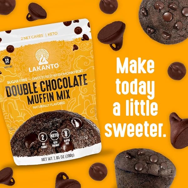 LAKANTO SUGAR FREE DOUBLE CHOCOLATE MUFFIN MIX – SWEETENED WITH MONK FRUIT SWEETENER, 2G NET CARBS, DAIRY FREE, GLUTEN FREE, KETO DIET FRIENDLY, ALMOND FLOUR, DUTCHED COCOA, SEA SALT