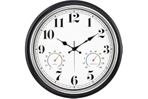 45MinST 16 Inch Silver Vintage Large Indoor/Outdoor Waterproof Wall Clock with Thermometer & Hygrometer, Silent Non-Ticking Quartz Timepiece for Home, Porch, Garden
