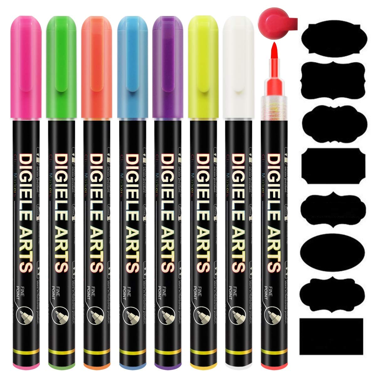 DIGIELE Chalk Pens, 8 Colours Liquid Marker Pens, 0.7-1mm Fine Tip, Dry or Wet Wipe Pen, Smooth Writing for Chalkboard, Blackboard, Window, Glass & Non-Porous Surfaces, 16pcs Chalkboard Labels Packed