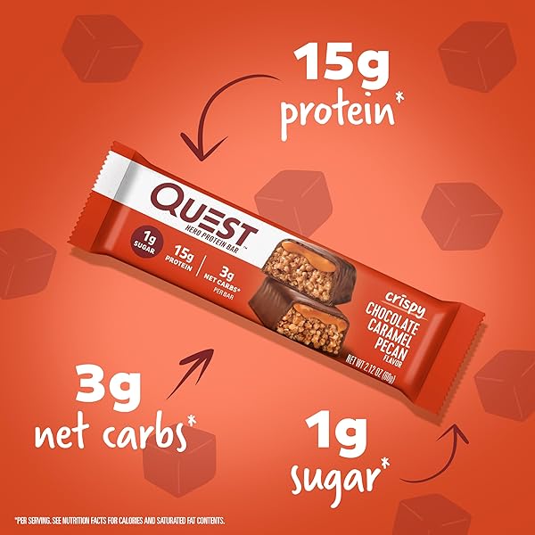 QUEST NUTRITION CRISPY CHOCOLATE CARAMEL PECAN HERO PROTEIN BAR, 15G PROTEIN, 1G SUGAR, 3G NET CARB, GLUTEN FREE PROTEIN SNACK, KETO FRIENDLY, 12 COUNT