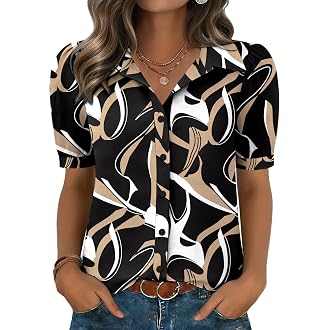 Zeagoo Women Button Down Shirts Puff Short Sleeve Blouses Chiffon Tops | V Neck Chiffon Shirts, Business Casual Short Sleeve