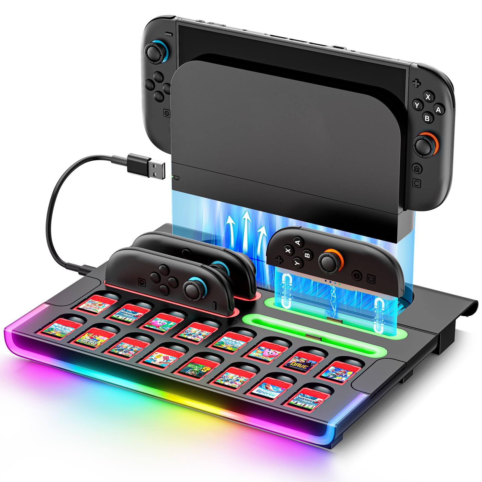 Tokluck Organizer Station for 2025 Switch 2 Controllers & Console, Magnetic Fast Joy-Con 2 Charging Dock Base Station with 9 RGB Modes, Switch 2 Storage Base with 16 Game Card Slots