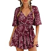 AIMCOO Womens Summer Short Flared Sleeve Romper V Neck Floral Print Jumpsuit Waist Tie Layer Ruffle Hem Dress Look Rompers