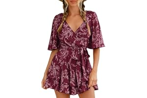 AIMCOO Womens Summer Short Flared Sleeve Romper V Neck Floral Print Jumpsuit Waist Tie Layer Ruffle Hem Dress Look Rompers