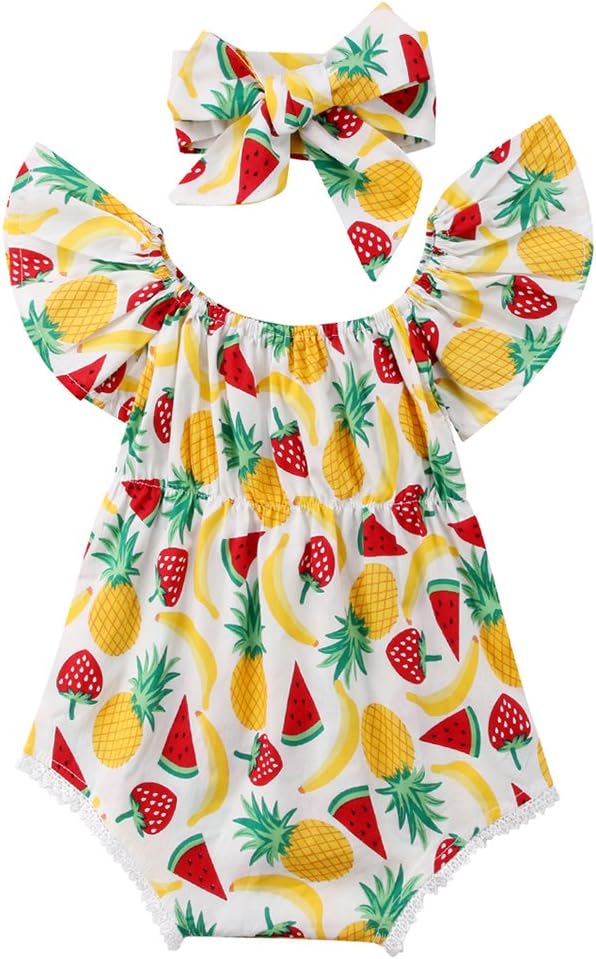 Miwear 0-24M Newborn Baby Girls Ruffle Sleeve Fruit Print Jumpsuit Romper with Headband Summer Outfits Set