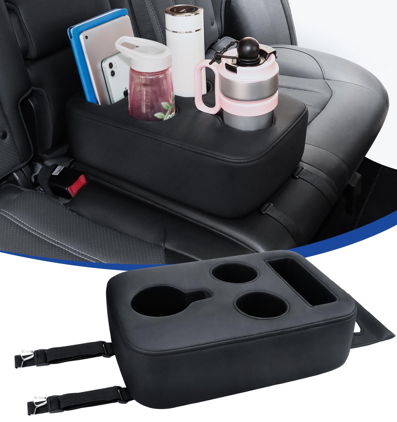 Photo 1 of Upgraded Car Cup Holder with Dual Secure Straps, Back Seat Cup Holder for Car, PU Leather Truck Cup Holder, Boat Tray Organizer for Trucks, Minivans, SUVs, RVs, Holds Coffee, Snacks, Cell Phone