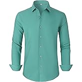 Ruisin Soft Wrinkle-Free Men's Dress Shirts Solid Long Sleeve Formal Shirt Business Casual Button Down Shirts Blue Green Size L