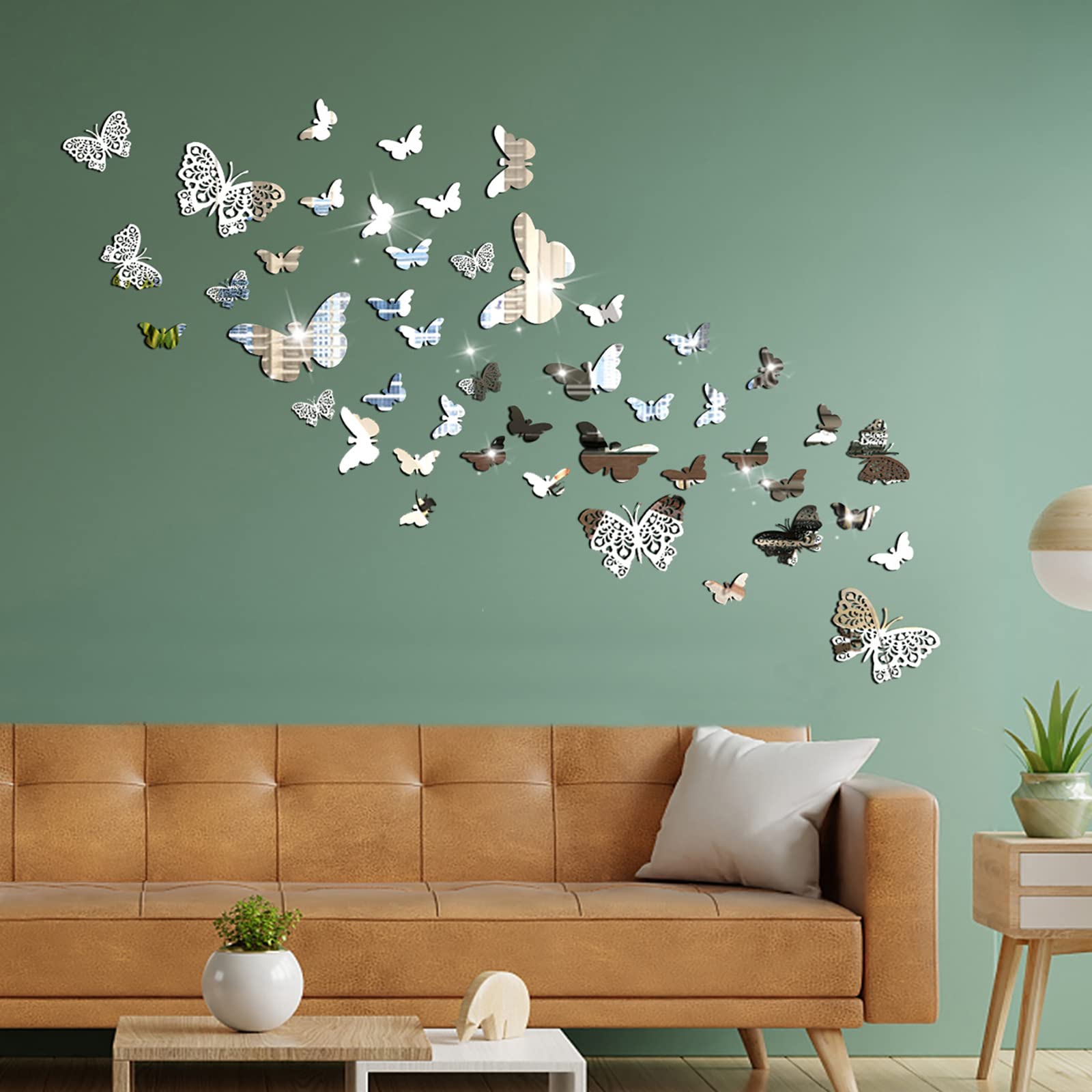 Butterfly Mirror Wall Stickers, 48pcs Acrylic Wall Art Stickers Silver Butterfly Mirror Stickers for Living Room Bedroom Office (2 Styles)