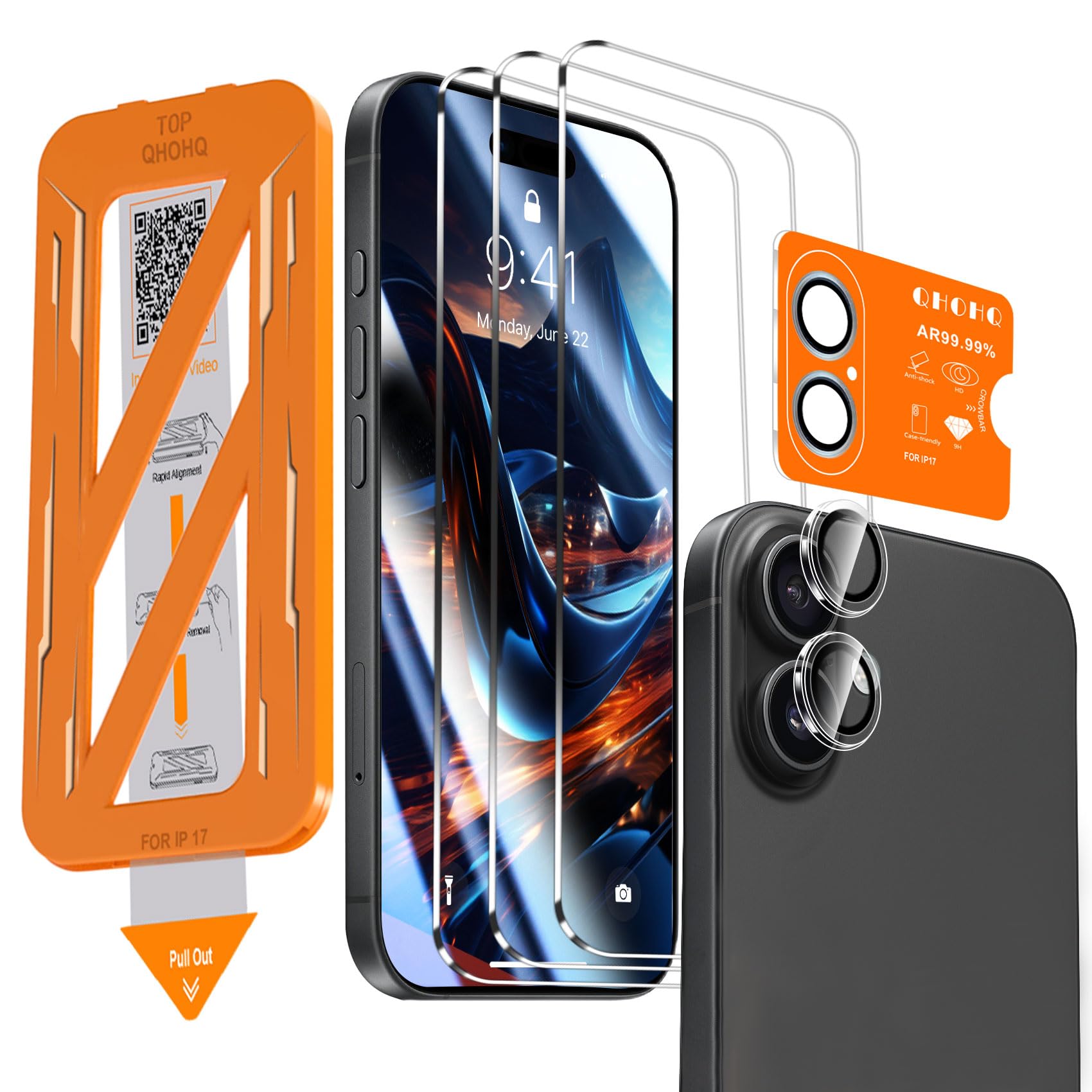 Photo 1 of QHOHQ [1-Second Auto-Install] 3 Pack Screen Protector for iPhone 17 + 1 Set Camera Lens Protector, 9H+ Shatterproof Tempered Glass, [12FT Military Grade Protection], Anti-Fingerprint, Case Friendly