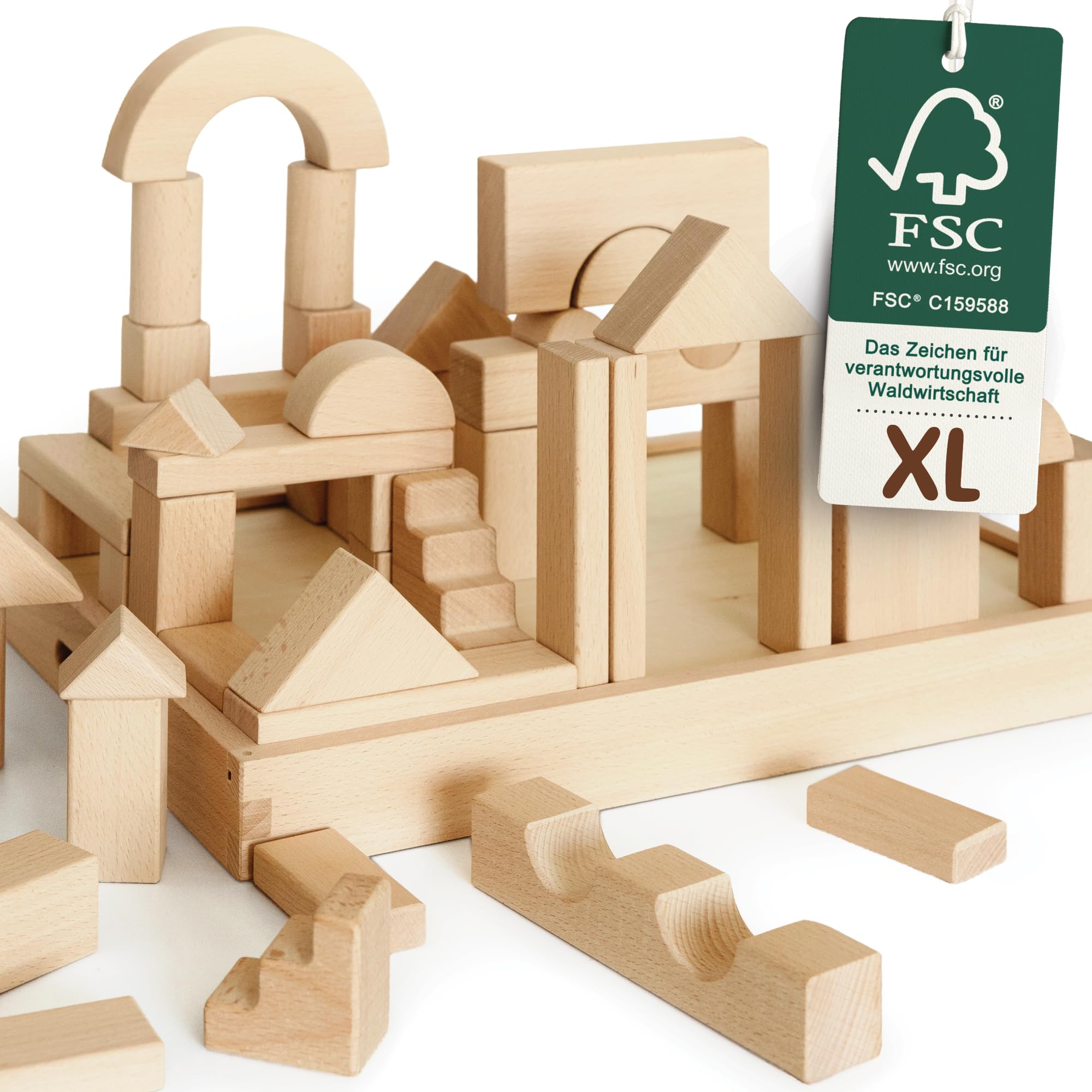 Merle Toys® Premium Wooden Building Blocks for Kids – Large Wooden Blocks for Creative Play, Plain Wooden Blocks for Kids, Rounded Edges for Safe Play, 100% FSC-Certified Wood, Ages 2+, Castle Set