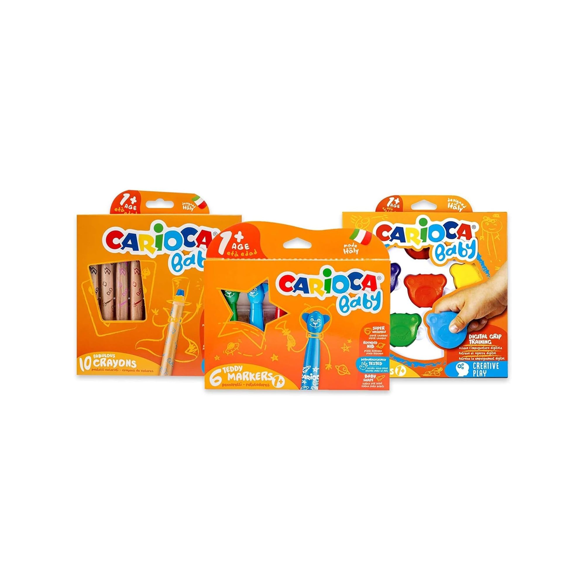 CARIOCA Children's Colors Set Baby 1+: 6 Super Washable Baby Teddy Markers, 10 3-in-1 Baby Pencils, 6 Baby Teddy Bear-Shaped Colored Crayons (Kit of 3 Boxes Total 22 Pieces)