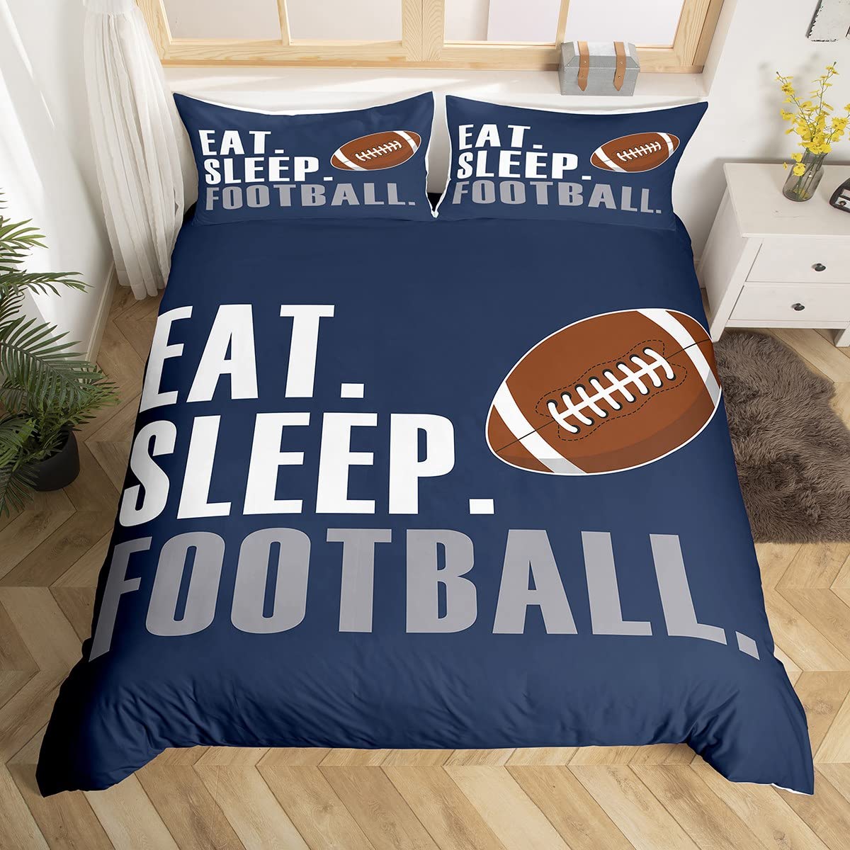 Rugby Bedding Set American Football Sports Bedding Set for Boys Girls Women Men Blue Eat Sleep Football Comforter Cover Set Duvet Cover Set Ball Games King Size Bedspread Cover 3Pcs — image 1