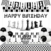 Balterever Chess Birthday Decorations International Chess Birthday Backdrop Banner Chess Theme Banner Garland Table Cloth Chess Bday Cake Topper Funny Board Game Chess Bday Party Decor