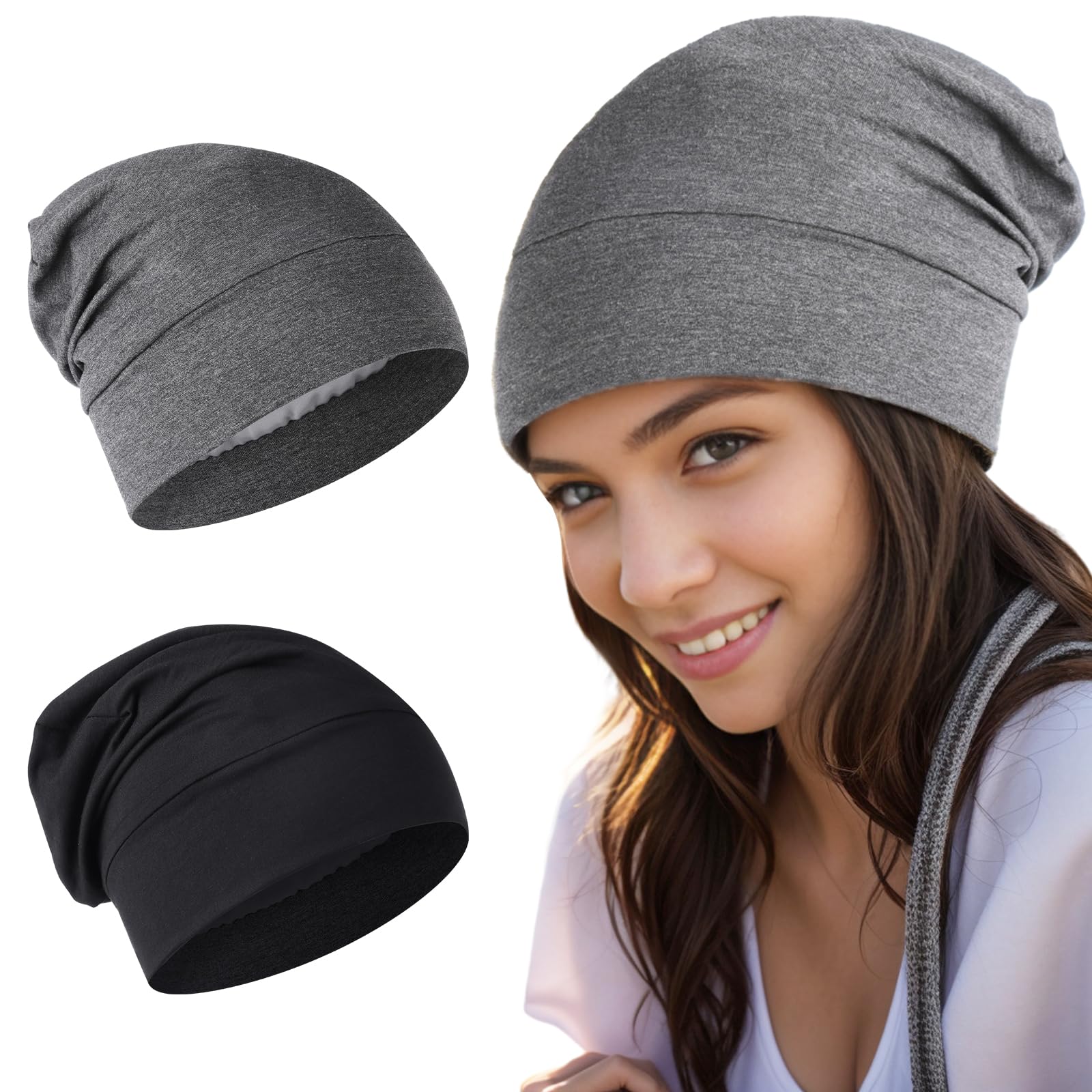 YUXIANLB 2PCS Satin Silk Sleep Cap for Women & Men - Soft & Elastic Hair Cap (1 Black + 1 Dark Gray)