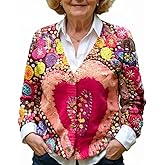 TIAFORD Women's Boho Knitted Cardigan, Art Print V-Neck Button-Down Loose Casual Sweater for Daily Wear