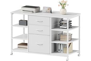 YeTom Mobile File Cabinet,Lateral Filing Cabinet with 3 Fabric Drawers,Rolling Printer Stand with 4 Open Storage Shelf,White