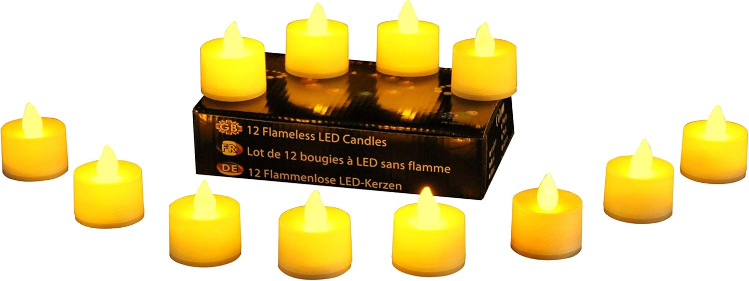 PK Green 12 Flameless Tea Light Battery Candles Flickering LED Amber