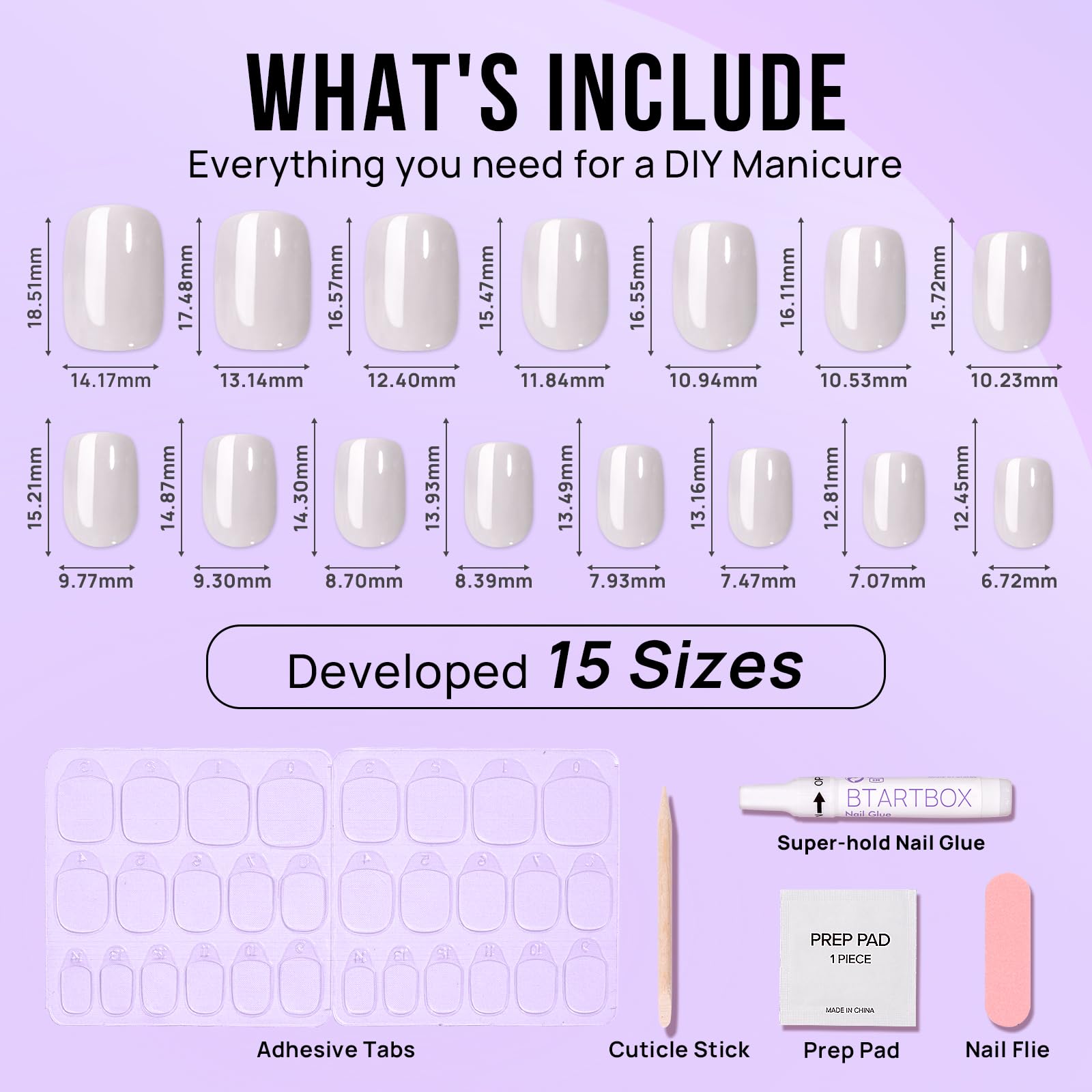 BTArtbox Press On Nails Short - White Soft Gel Press On Nails, Square Chrome Nail Tips Glue On Nails, Reusable Stick On Nails in 15 Sizes - 30 Soft Gel Fake Nails Kit, Vanilla Glazed - Image 6