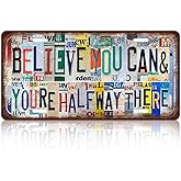 Vintage License Plate Inspirational Quotes Wall Decor Believe You Can & You're Halfway There Metal Tin Sign For Bar Home 12 x 6 Inches