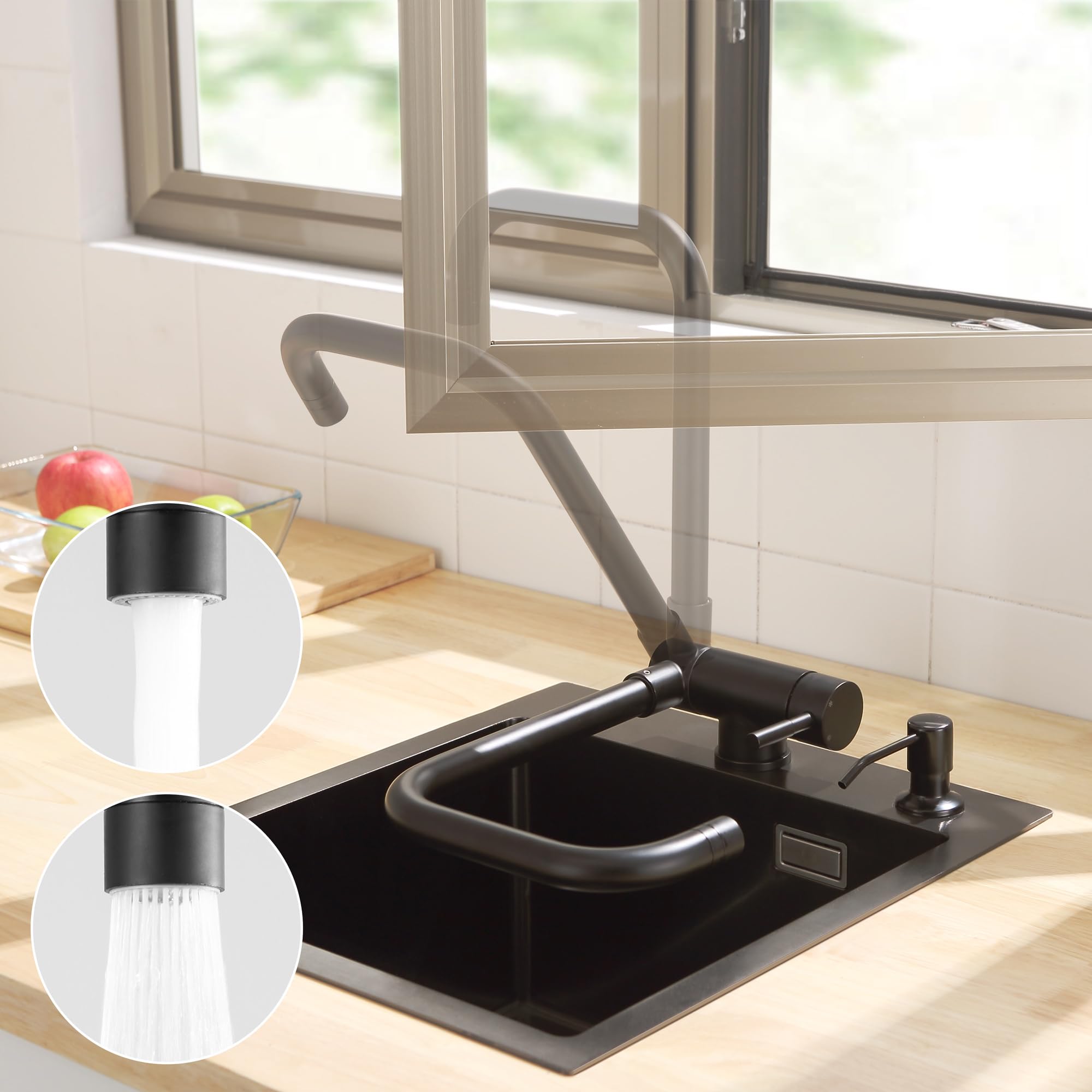 CECIPA Black Foldable 180° High Pressure Front Window Kitchen Tap with 2 Jet Types, 360° Swivel